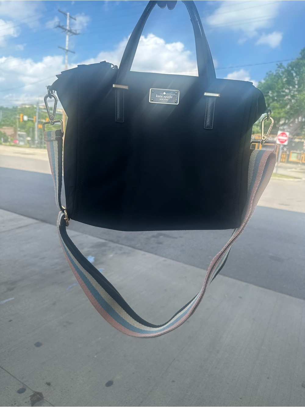 kate spade Black Satchel with Pastel Multi-Stripe Strap